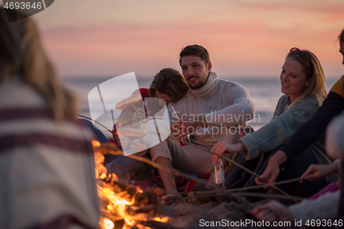 Image of Group Of Young Friends Sitting By The Fire at beach