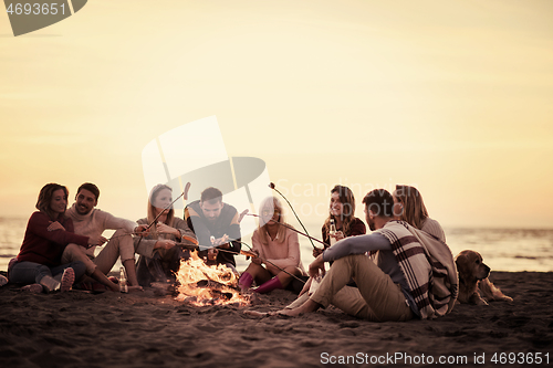 Image of Group Of Young Friends Sitting By The Fire at beach