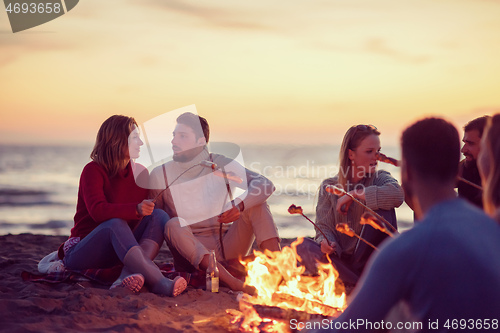 Image of Group Of Young Friends Sitting By The Fire at beach