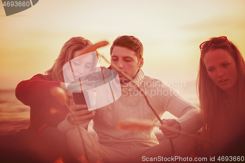Image of Group Of Young Friends Sitting By The Fire at beach