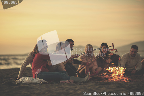 Image of Group Of Young Friends Sitting By The Fire at beach