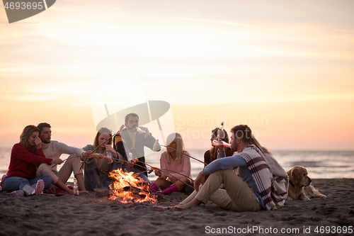 Image of Group Of Young Friends Sitting By The Fire at beach