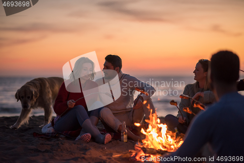 Image of Group Of Young Friends Sitting By The Fire at beach