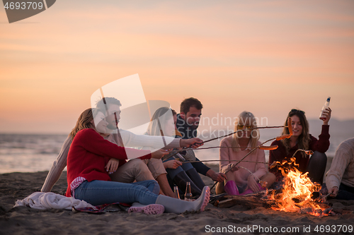 Image of Group Of Young Friends Sitting By The Fire at beach