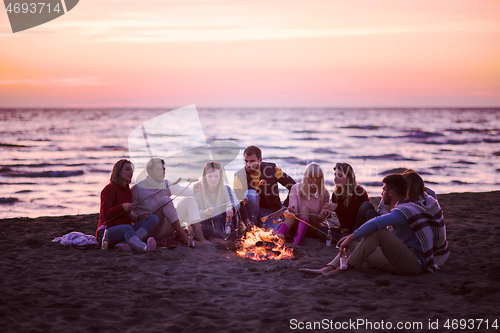 Image of Group Of Young Friends Sitting By The Fire at beach