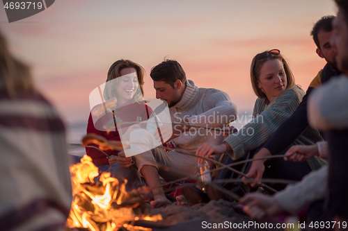 Image of Group Of Young Friends Sitting By The Fire at beach