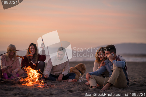 Image of Group Of Young Friends Sitting By The Fire at beach