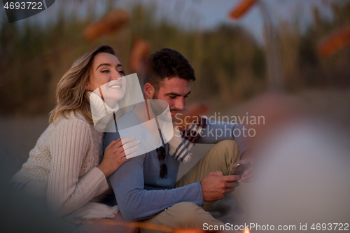 Image of Group Of Young Friends Sitting By The Fire at beach