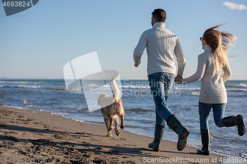 Image of couple with dog having fun on beach on autmun day