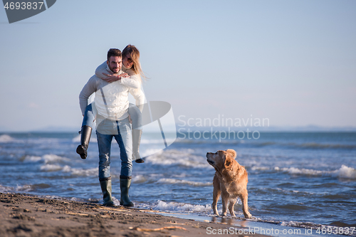 Image of couple with dog having fun on beach on autmun day