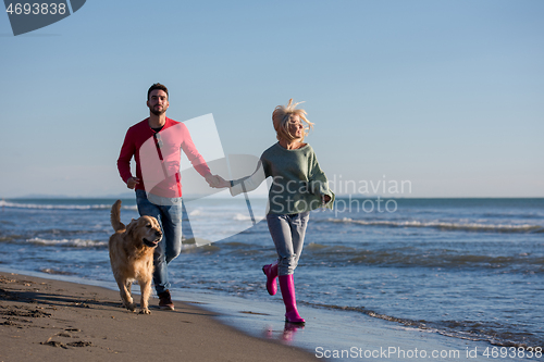 Image of couple with dog having fun on beach on autmun day