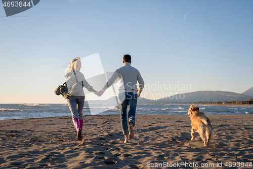 Image of couple with dog having fun on beach on autmun day