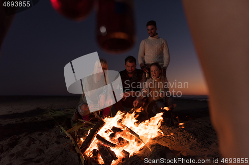 Image of Friends having fun at beach on autumn day