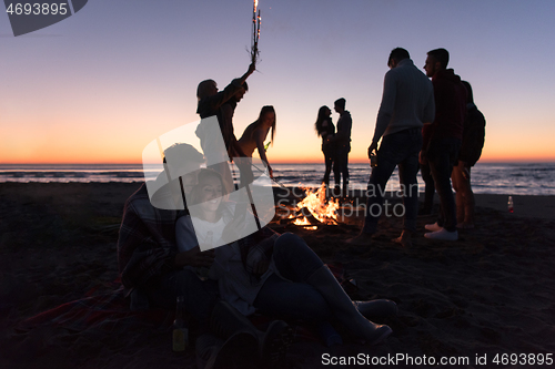 Image of Couple enjoying bonfire with friends on beach