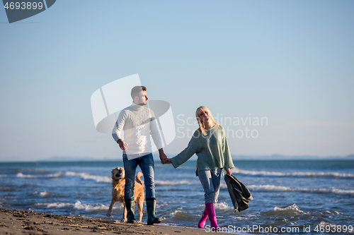 Image of couple with dog having fun on beach on autmun day