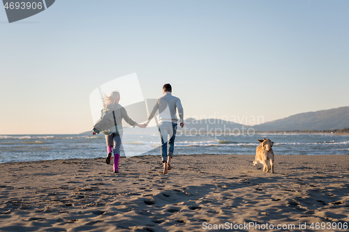 Image of couple with dog having fun on beach on autmun day