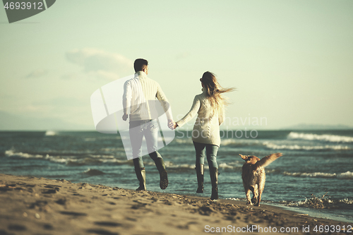 Image of couple with dog having fun on beach on autmun day