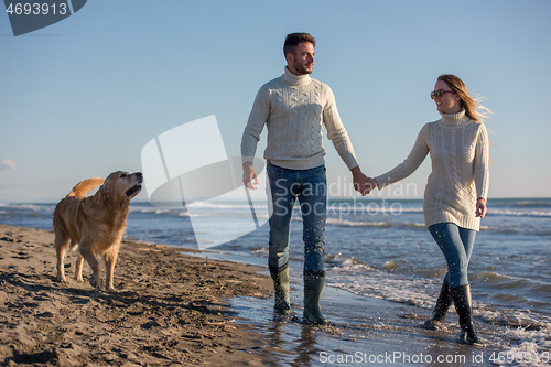 Image of couple with dog having fun on beach on autmun day