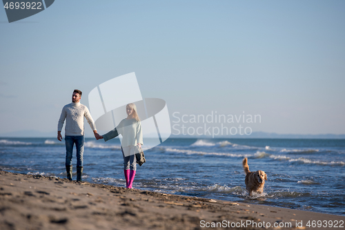 Image of couple with dog having fun on beach on autmun day