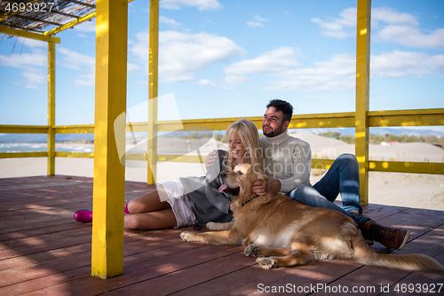 Image of Couple with dog enjoying time on beach