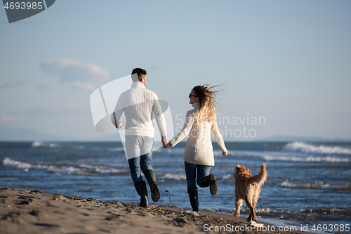 Image of couple with dog having fun on beach on autmun day