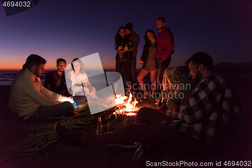 Image of Friends having fun at beach on autumn day