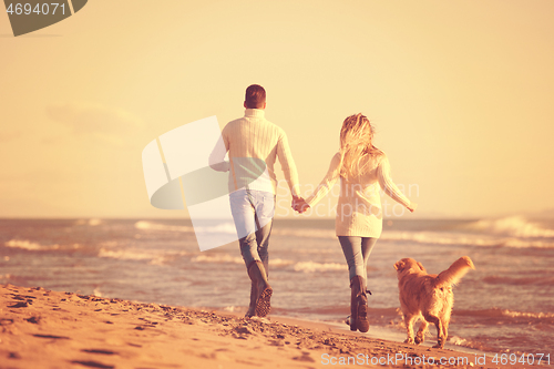 Image of couple with dog having fun on beach on autmun day