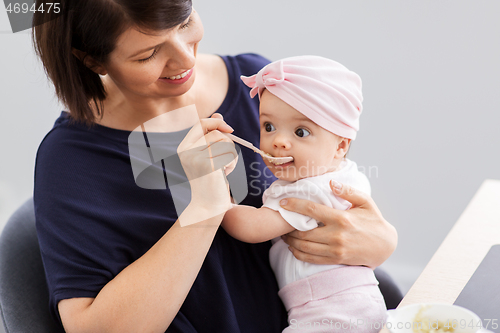 Image of middle-aged mother feeding baby daughter at home