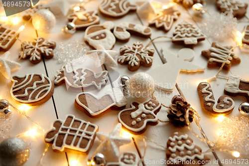 Image of Christmas sweets composition. Gingerbread cookies with xmas decorations