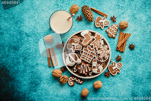 Image of Sweet Christmas composition. Assortment of gingerbread cookies on a plate