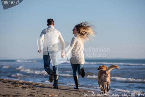 Image of couple with dog having fun on beach on autmun day