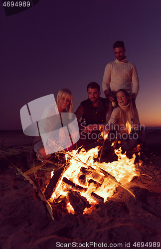 Image of Friends having fun at beach on autumn day