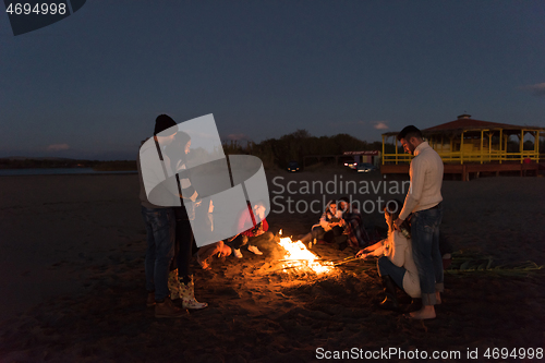 Image of Friends having fun at beach on autumn day