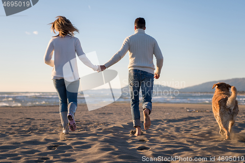 Image of couple with dog having fun on beach on autmun day