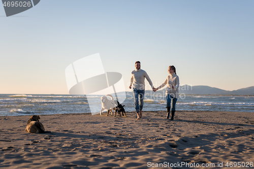 Image of couple with dog having fun on beach on autmun day