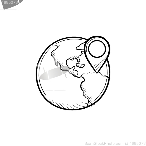 Image of Globe with pointer mark hand drawn outline doodle icon.