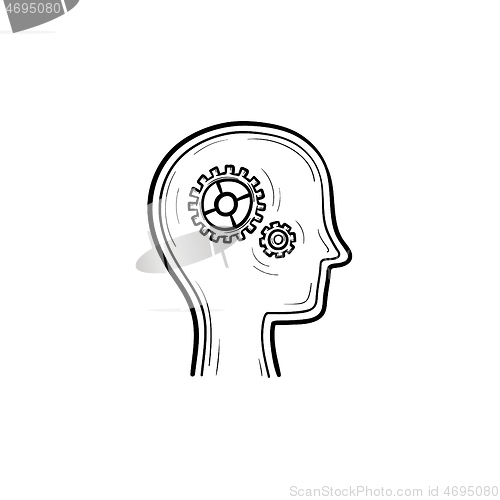 Image of Human head with gears hand drawn outline doodle icon.