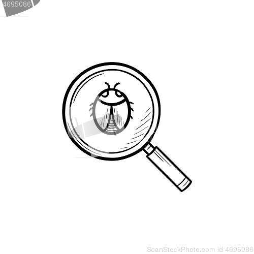 Image of Magnifying glass over bug hand drawn outline doodle icon.