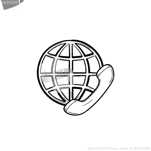 Image of Globe and phone receiver hand drawn outline doodle icon.