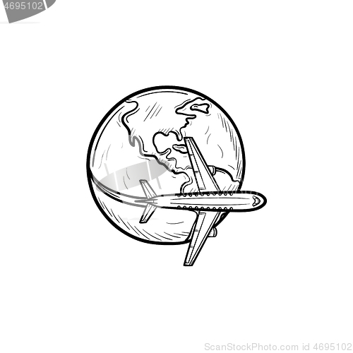 Image of Airplane flying around the world hand drawn outline doodle icon.