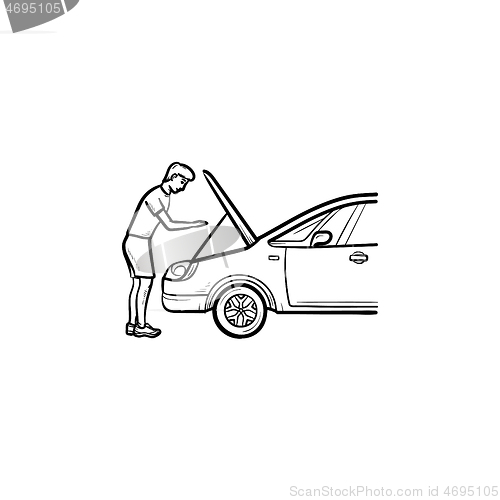 Image of Man under the hood of car hand drawn outline doodle icon.