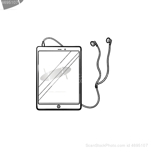 Image of Tablet with headphones hand drawn outline doodle icon.