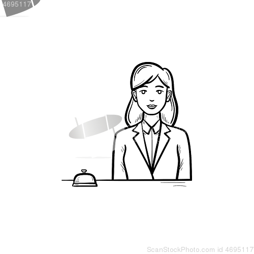 Image of Female receptionist in a hotel with a reception bell hand drawn outline doodle icon.
