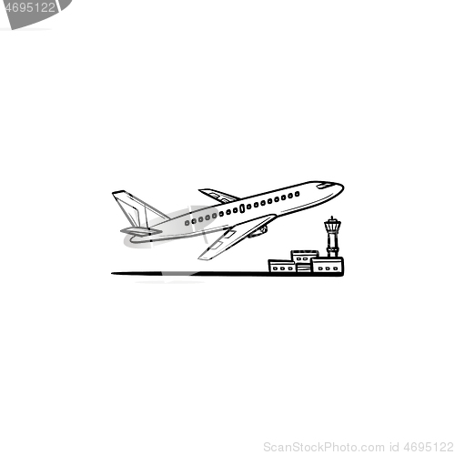 Image of Airplane taking off hand drawn outline doodle icon.