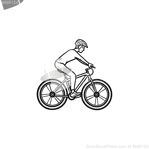 Image of Biker riding mountain bike hand drawn outline doodle icon.