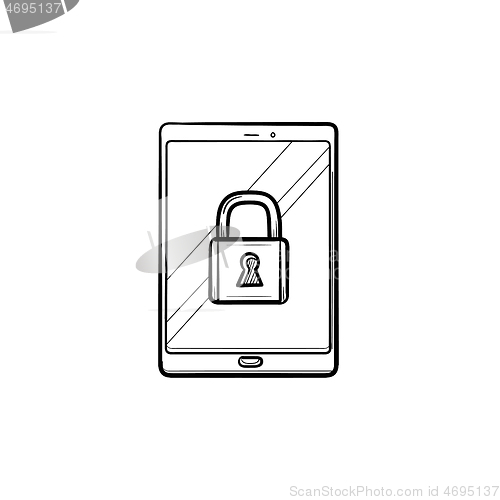 Image of Digital tablet with padlock hand drawn outline doodle icon.