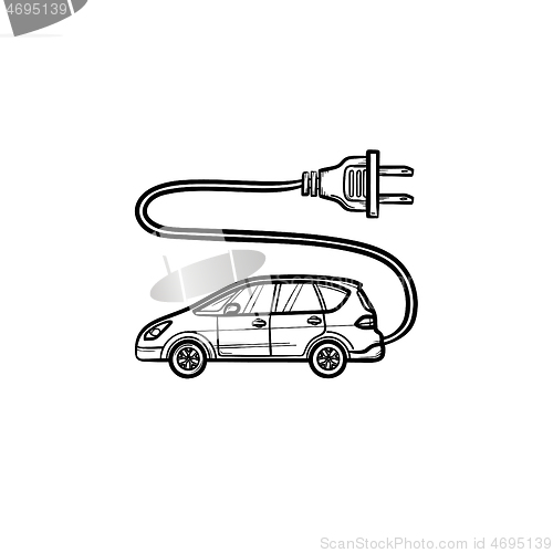 Image of Electric car with plug hand drawn outline doodle icon.