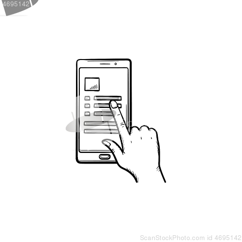 Image of Hand sliding smartphone with list hand drawn outline doodle icon.