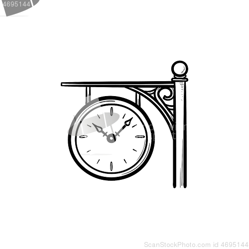 Image of Train station clock hand drawn outline doodle icon.