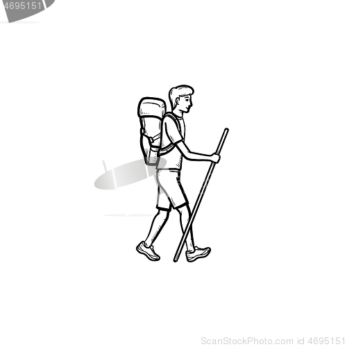 Image of Hiker with backpack walking hand drawn outline doodle icon.